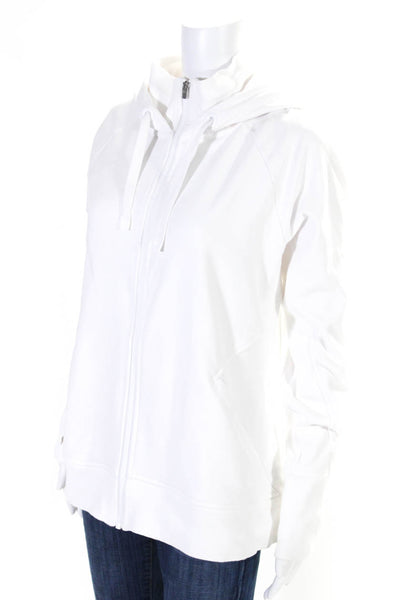 Athleta Womens Front Zip Drawstring Hooded Light Jacket White Cotton Size Large