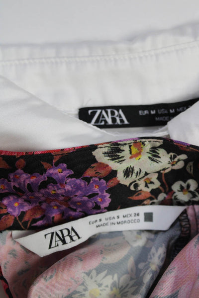 Zara Womens Long Sleeve Satin Floral Button Up Shirts White Small Medium Lot 2