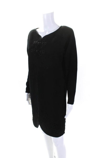 Andrea Jovine Womens Wool Long SLeeve Embroidered Shift Dress Black Size P