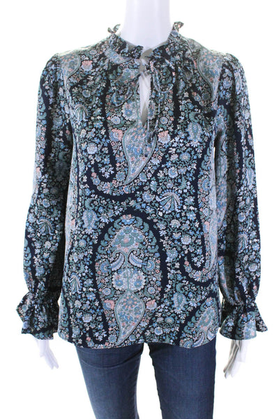 J Crew Womens Paisley Print V Neck Long Sleeve Blouse Blue Size XS