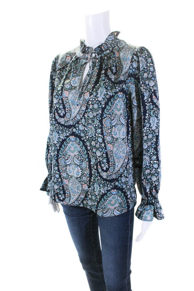 J Crew Womens Paisley Print V Neck Long Sleeve Blouse Blue Size XS