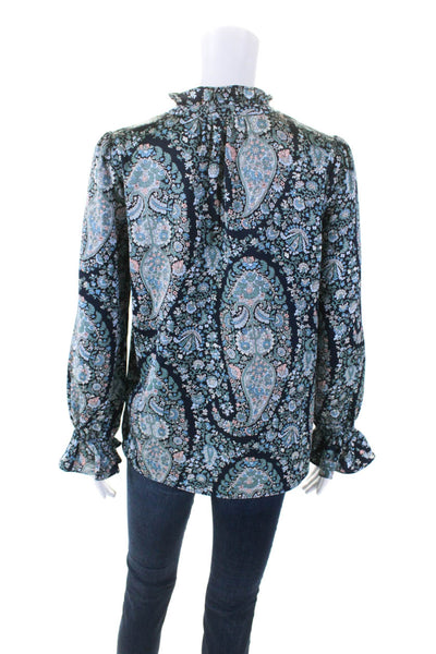 J Crew Womens Paisley Print V Neck Long Sleeve Blouse Blue Size XS