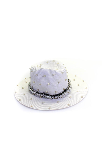 Designer Womens Woven Faux Pearl Detail Adjustable Wide Brim Hat White Size OS