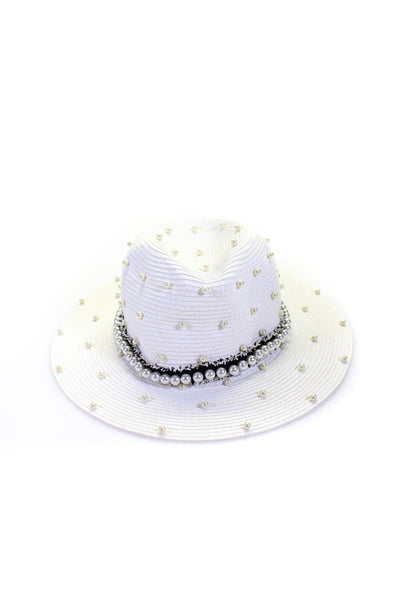 Designer Womens Woven Faux Pearl Detail Adjustable Wide Brim Hat White Size OS