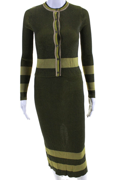 Toccin Womens Striped Button Up Cardigan Sweater + Skirt Set Green Size XS