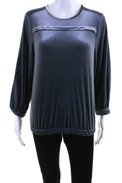 Toccin Womens Velour Round Neck Long Sleeve Pullover Blouse Top Blue Size XS
