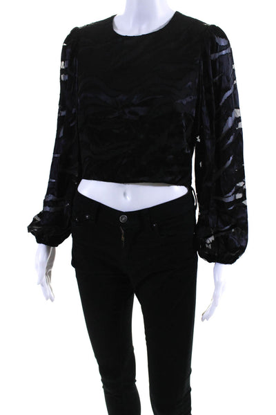 Designer Womens Semi Sheer Cropped Long Sleeve Pullover Blouse Top Black Size S