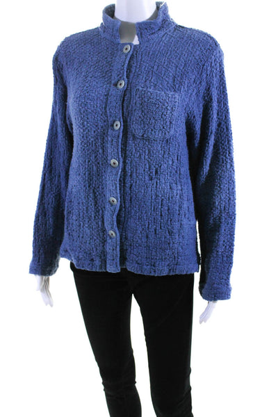 Sunday Womens Blue Cotton Textured Pockets Long Sleeve Button Down Shirt Size M