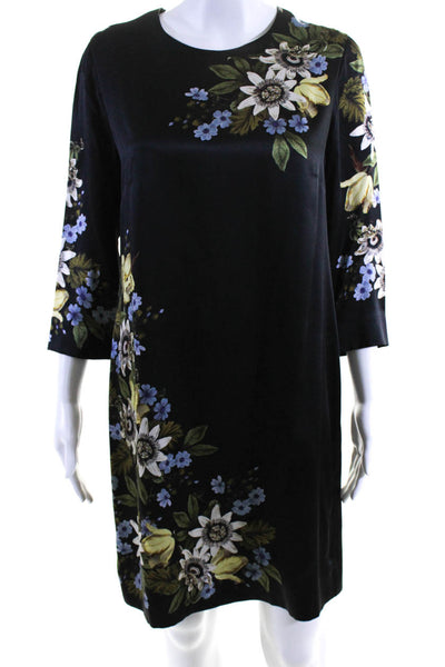 Erdem Womens Black Floral Crew Neck Zip Back 3/4 Sleeve A-line Dress Size S