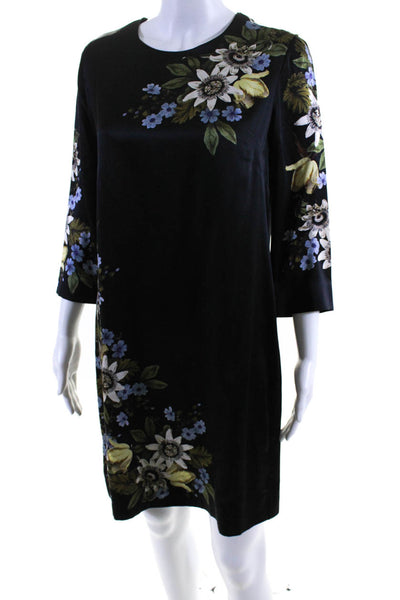 Erdem Womens Black Floral Crew Neck Zip Back 3/4 Sleeve A-line Dress Size S