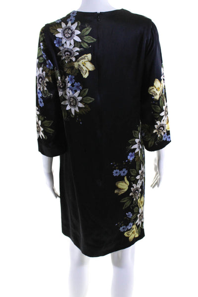 Erdem Womens Black Floral Crew Neck Zip Back 3/4 Sleeve A-line Dress Size S