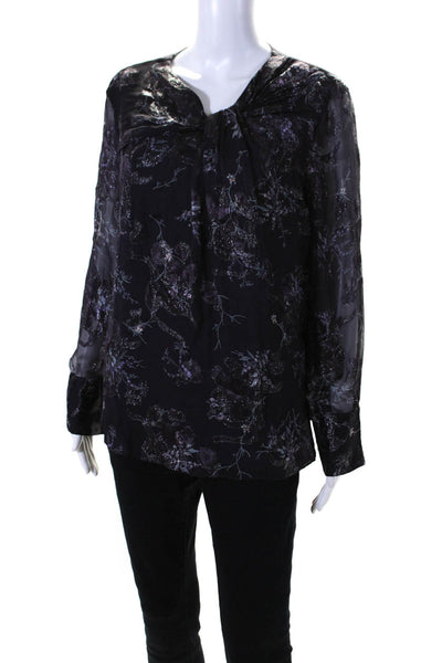 Grey Jason Wu Womens Silk Floral Print Long Sleeves Blouse Purple Size 6