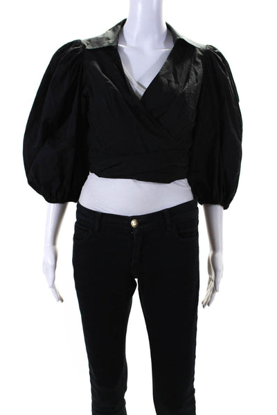 Toccin Womens Cotton Collared Long Sleeve Cropped Wrap Blouse Top Black Size S