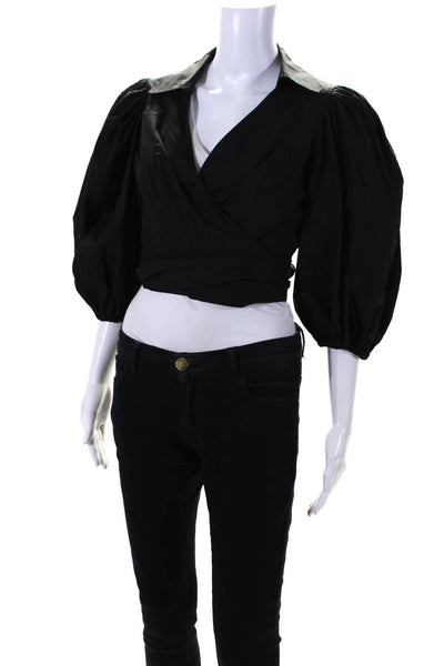 Toccin Womens Cotton Collared Long Sleeve Cropped Wrap Blouse Top Black Size S