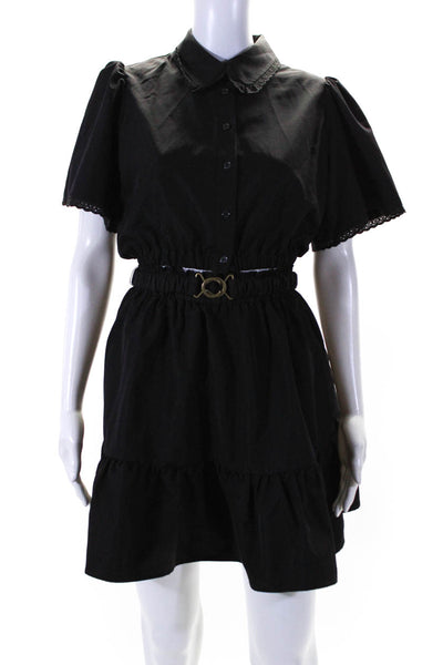 LDT Womens Collared Short Sleeve Button Up Blouse Top + Skirt Set Black Size 2