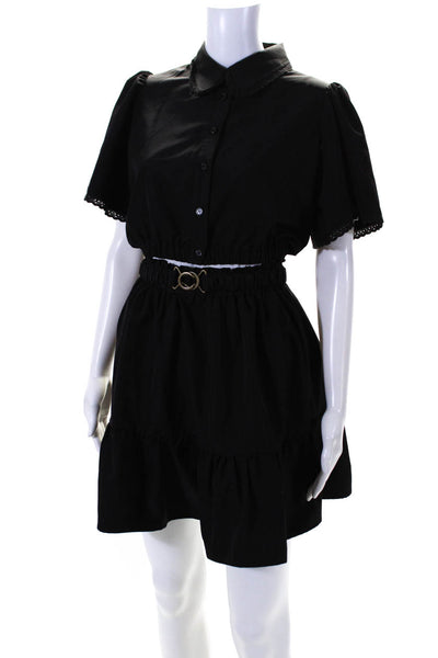 LDT Womens Collared Short Sleeve Button Up Blouse Top + Skirt Set Black Size 2