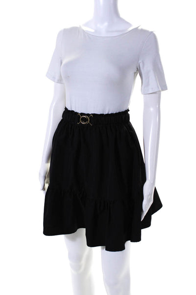 LDT Womens Collared Short Sleeve Button Up Blouse Top + Skirt Set Black Size 2