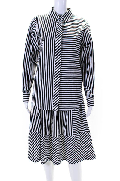 Toccin Womens Striped Collared Button Up Blouse Top + Skirt Set Black Size 4