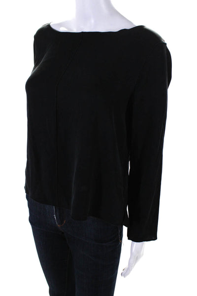 Designer Women's Round Neck Long Sleeves Slit Hem Blouse Black Size S