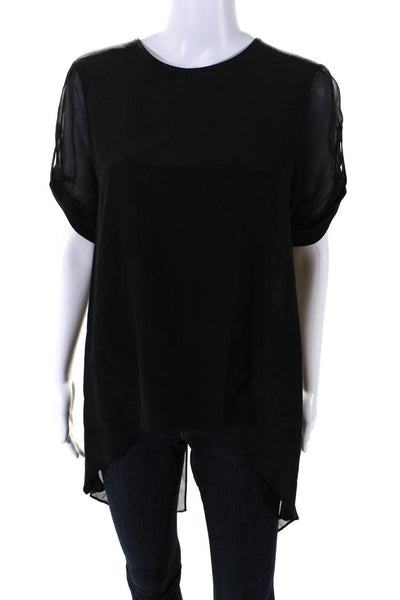 BCBGMAXAZRIA Women's Round Neck Short Sleeves Sheer Blouse Black Size S