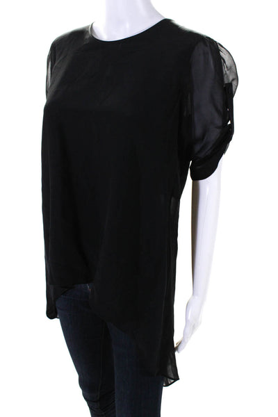 BCBGMAXAZRIA Women's Round Neck Short Sleeves Sheer Blouse Black Size S