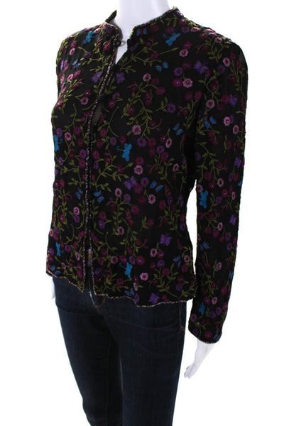 Caroline Charles Womens Silk Floral Embroidered Button Up Blouse Black Size 12