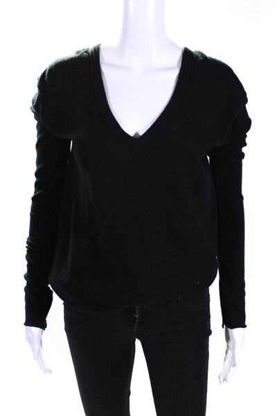 Enza Costa Womens Long Sleeve V Neck Tee Shirt Sweater Black Cotton Size Medium