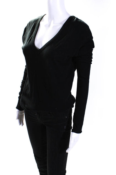 Enza Costa Womens Long Sleeve V Neck Tee Shirt Sweater Black Cotton Size Medium