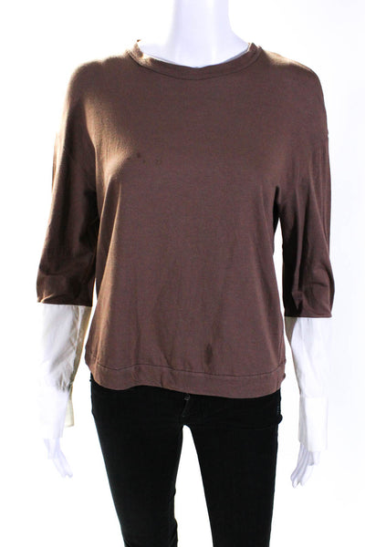 Brunello Cucinelli Womens Color Block Long Sleeve Tee Shirt Brown White Medium