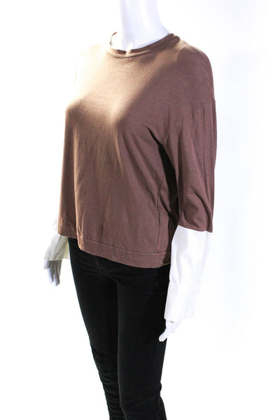 Brunello Cucinelli Womens Color Block Long Sleeve Tee Shirt Brown White Medium