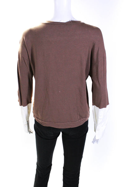 Brunello Cucinelli Womens Color Block Long Sleeve Tee Shirt Brown White Medium