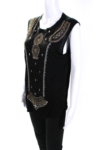 Haute Hippie Womens Embroidered Beaded Lace Sleeveless Top Blouse Black Medium