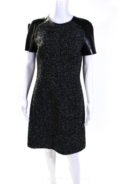 Michael Kors Womens Faux Leather Short Sleeve Tweed Sheath Dress Black Gray Sz 8