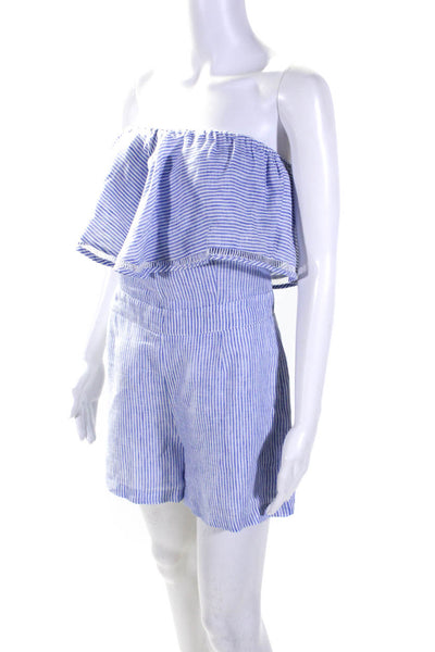 Karina Grimaldi Womens Linen Ruffle Trim Off The Shoulder Romper Blue Size S