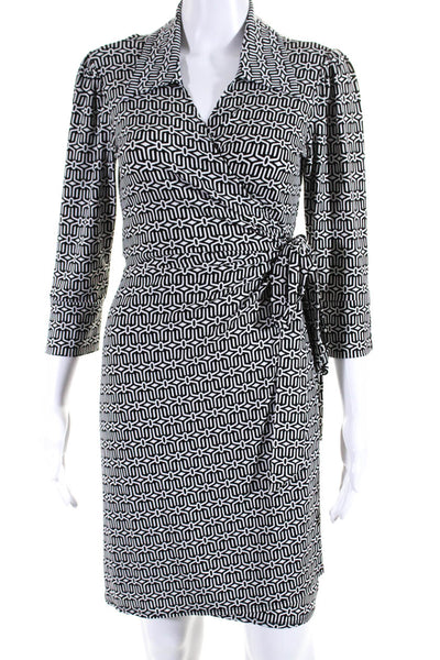 Laundry by Design Womens Collared Abstract Knit Wrap Dress White Black Small