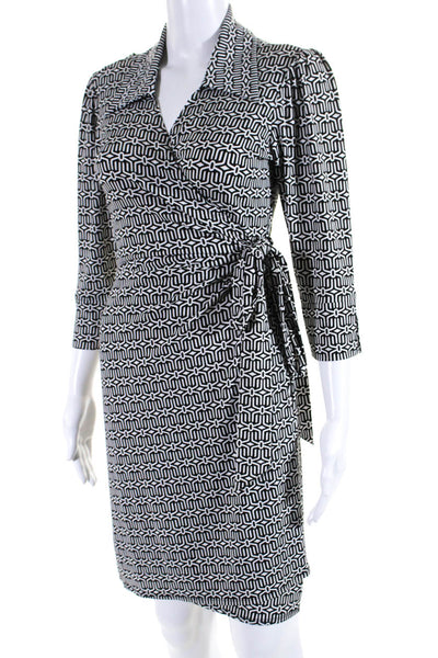 Laundry by Design Womens Collared Abstract Knit Wrap Dress White Black Small