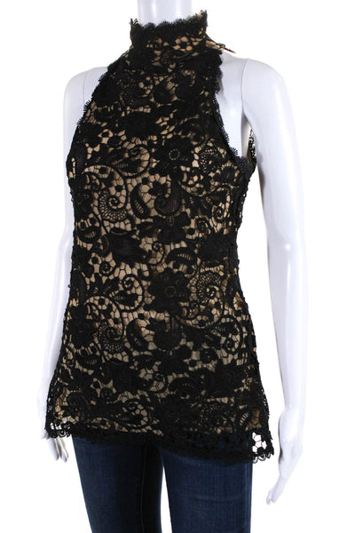 Julian Chang Womens Lace Mock Neck Sleeveless Zip Up Blouse Top Black Size S