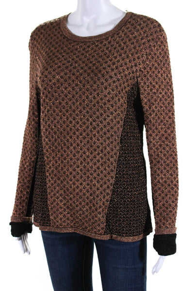 Rag & Bone Womens Pullover Scoop Neck Metallic Knit Sweater Brown Black Large