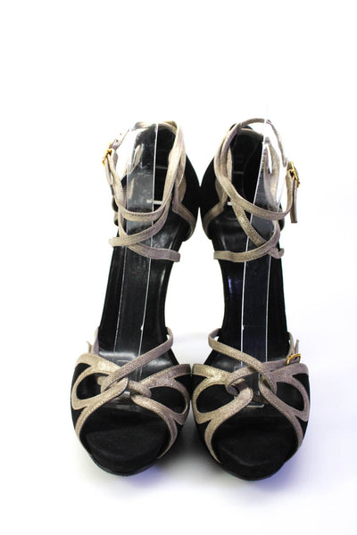 Hermes Womens Suede Metallic Strappy Platform High Heels Black Size 38 8