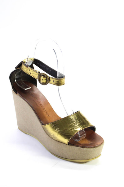 Robert Clergerie Womens Leather Ankle Strap Platform Wedges Gold Size 5.5