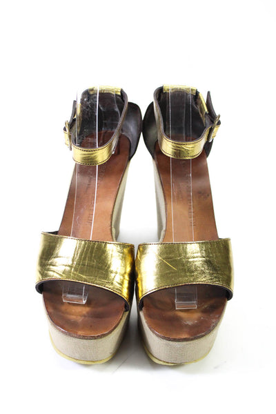 Robert Clergerie Womens Leather Ankle Strap Platform Wedges Gold Size 5.5