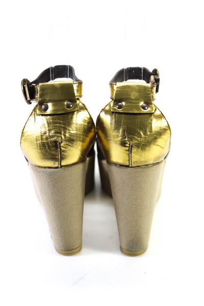 Robert Clergerie Womens Leather Ankle Strap Platform Wedges Gold Size 5.5