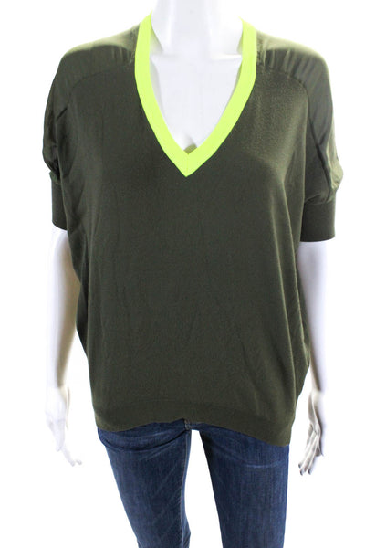 Karen Millen Womens Tight-Knit V-Neck Short Sleeve Shirt Top Olive Green Size 2