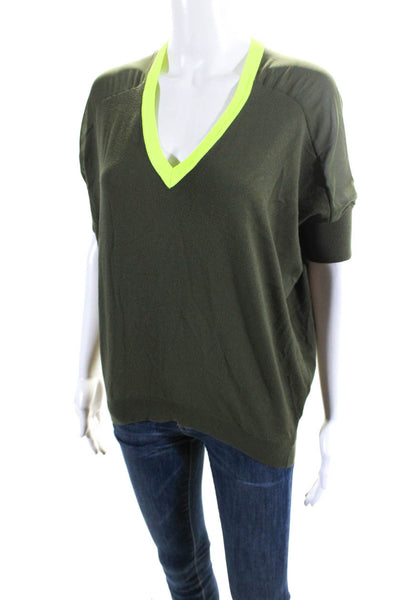 Karen Millen Womens Tight-Knit V-Neck Short Sleeve Shirt Top Olive Green Size 2