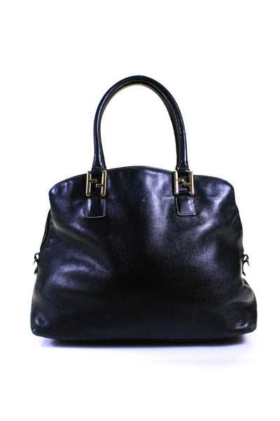 Fendi Womens Leather Gold Tone Zipper Closure Satchel Shoulder Handbag Black