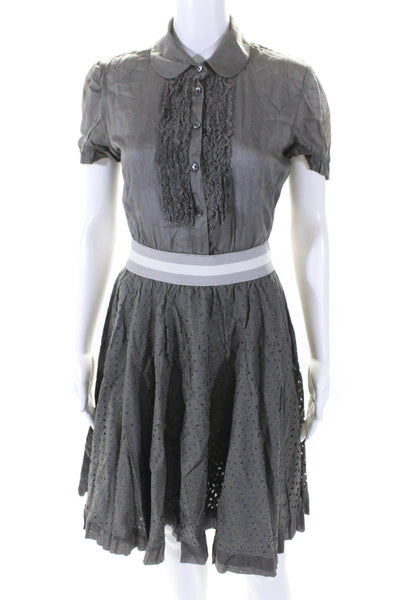 McQ Womens Cotton Eyelet Short Sleeve Button Up Fit & Flare Dress Gray Size 40