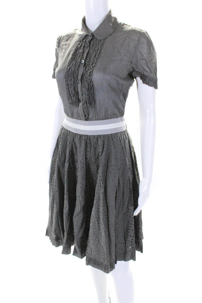 McQ Womens Cotton Eyelet Short Sleeve Button Up Fit & Flare Dress Gray Size 40