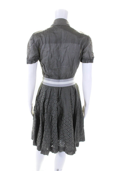 McQ Womens Cotton Eyelet Short Sleeve Button Up Fit & Flare Dress Gray Size 40