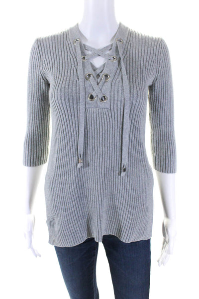 Michael Michael Kors V-Neck Lace Up Short Sleeves Ribbed Sweater Gray Size XS