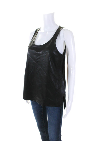 Derek Lam 1OC Women's Scoop Neck Sleeveless Leather Blouse Black Size S